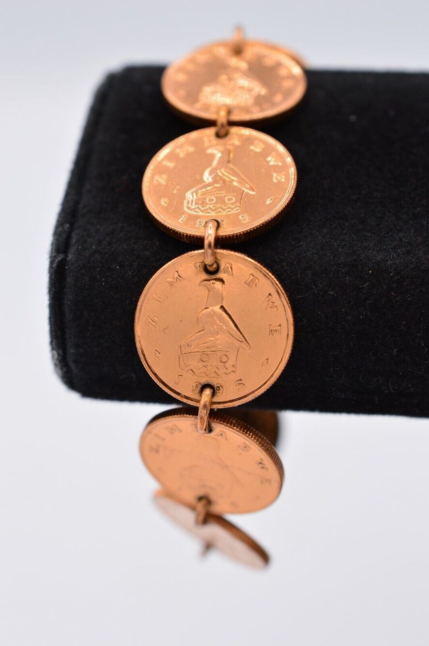 Vintage Bracelet Copper Coin Linked Zimbabwe Penny 1980s BinAD